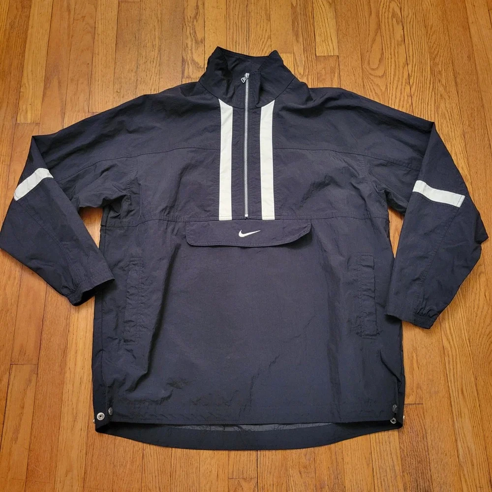 Nike XL Windbreaker‎ Black White Quarter Zip Stripe Vintage Pouch ANORAK 90s